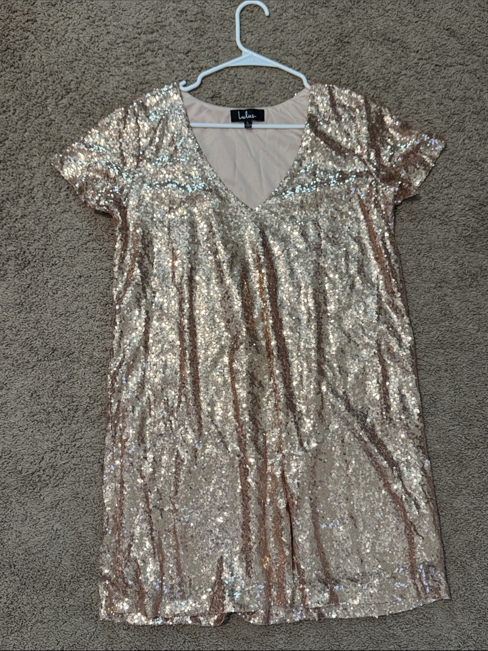 Lulu's Rose Gold Sequin V-Neck Shift Dress